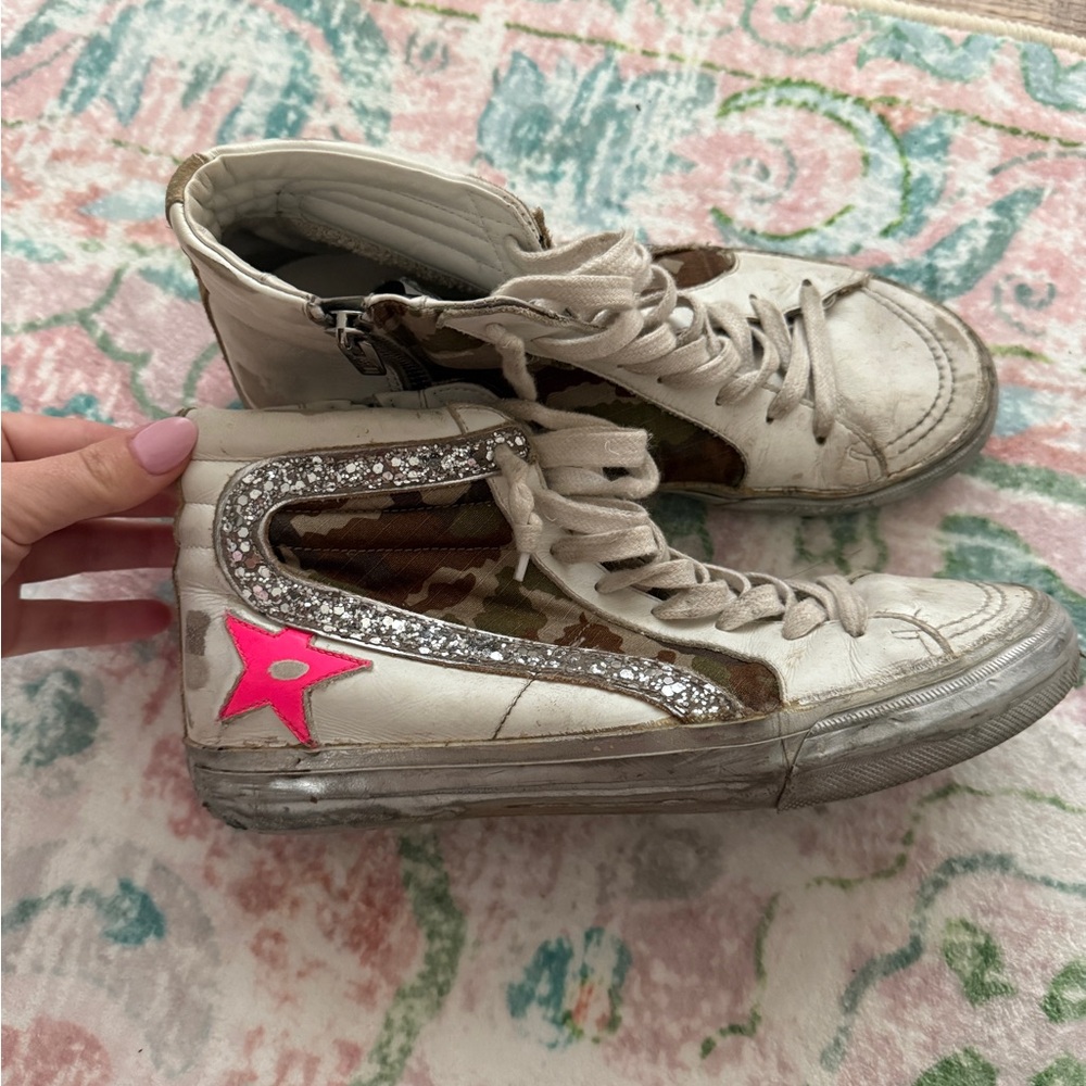 Golden Goose White and Pink High-Top Sneakers